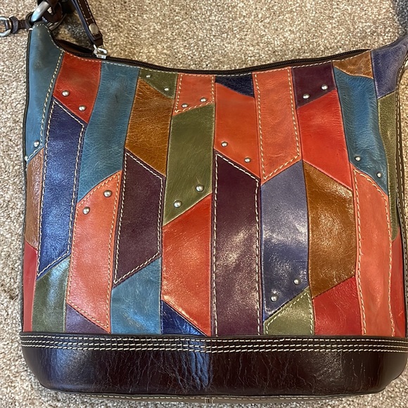 EUC FOSSIL Leather Hobo Purse Shoulder Bag Patchwork Strips Red Purple Blue - Picture 3 of 8